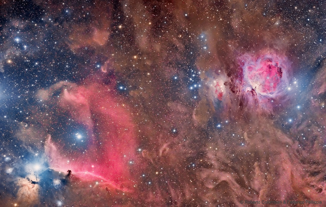 A picture of both the Horsehead and Orion Nebulas.
Please see the explanation for more detailed information.