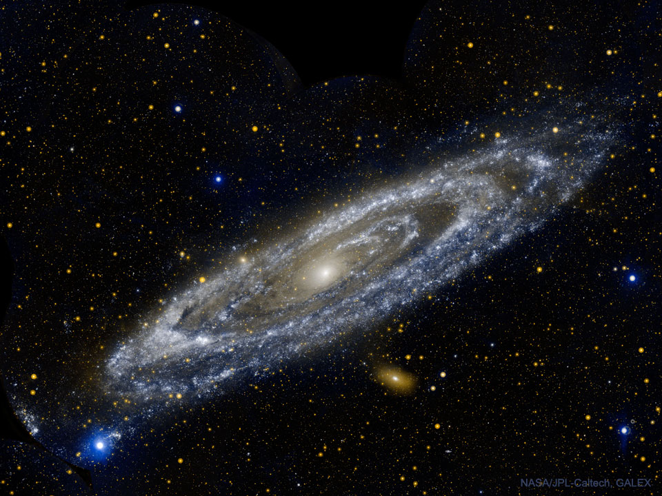 The picture shows the Andromeda Galaxy, M31, as seen by NASA's GALEX
spacecraft in ultraviolet light.  
Please see the explanation for more detailed information.