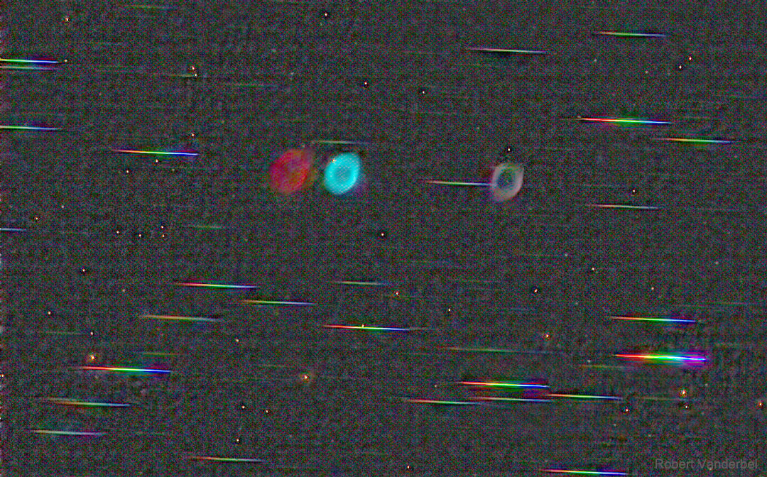The picture shows the several images of the Ring Nebula separated by 
their colors. 
Please see the explanation for more detailed information.