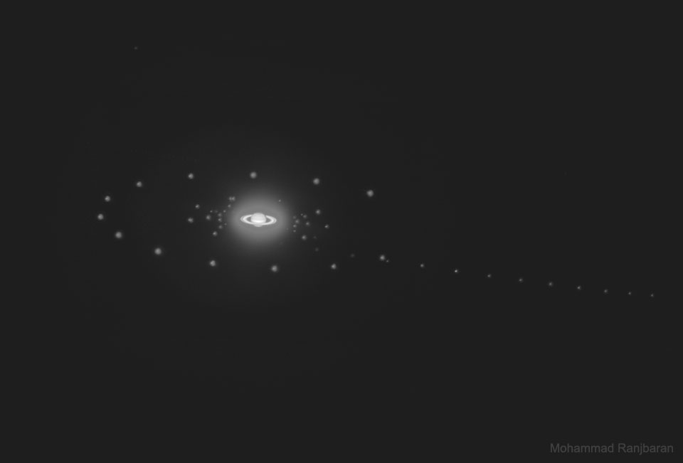The picture shows the planet Saturn with several of its moons in a multiple 
exposure.  
Please see the explanation for more detailed information.