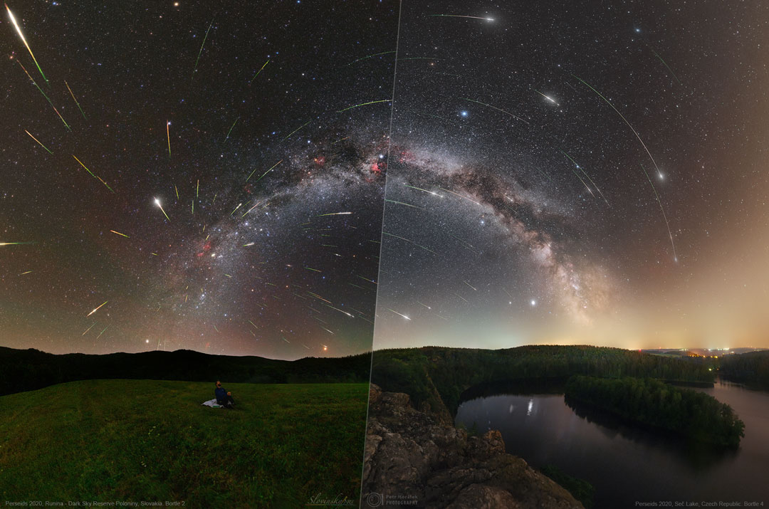 The picture shows a split image of the Perseid Meteor Shower in 2020. 
The left image is from a darker sky and shows more meteors than the right. 
Please see the explanation for more detailed information.