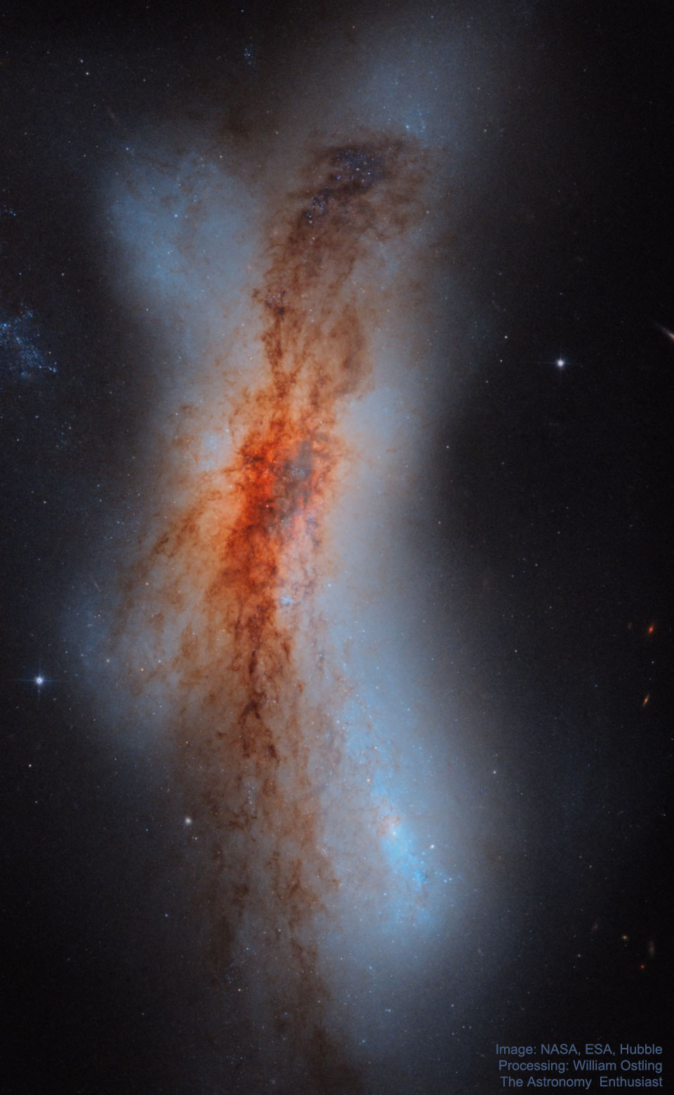 The picture shows the colliding galaxies of NGC 520
as imaged by NASA and ESA's Hubble Space Telescope.
Please see the explanation for more detailed information.