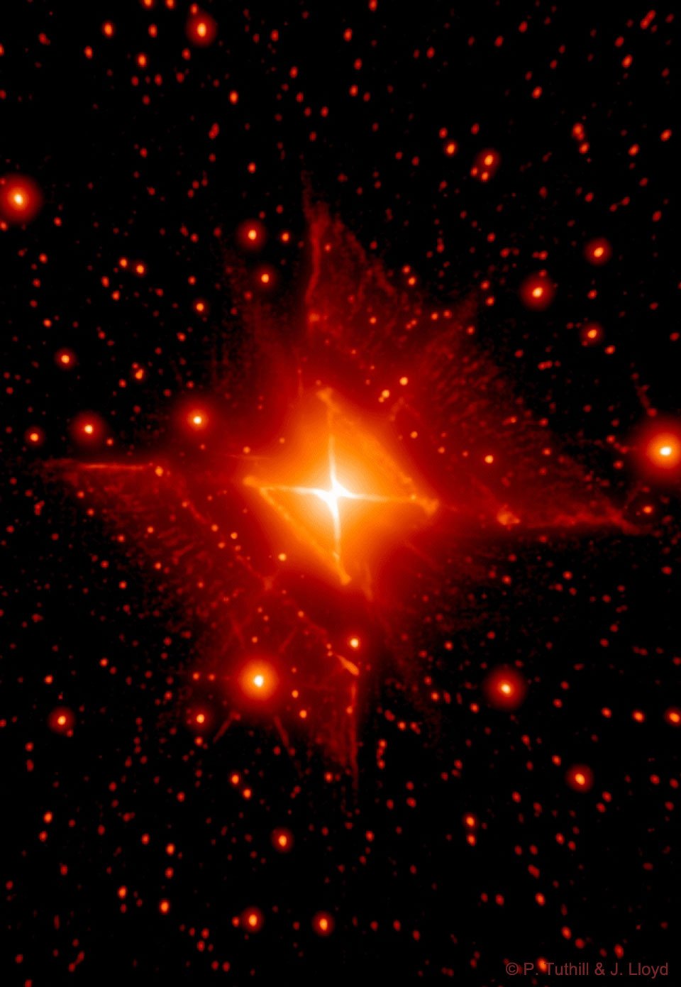 The picture shows the Red Square Nebula, a bipolar
nebula centered on the bright star MWC 922 
Please see the explanation for more detailed information.