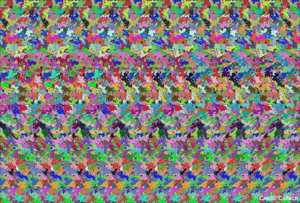 The picture shows a seemingly random series of 
color patches that when stared in with binocular vision,
reveals a teapot in the center. 
Please see the explanation for more detailed information.