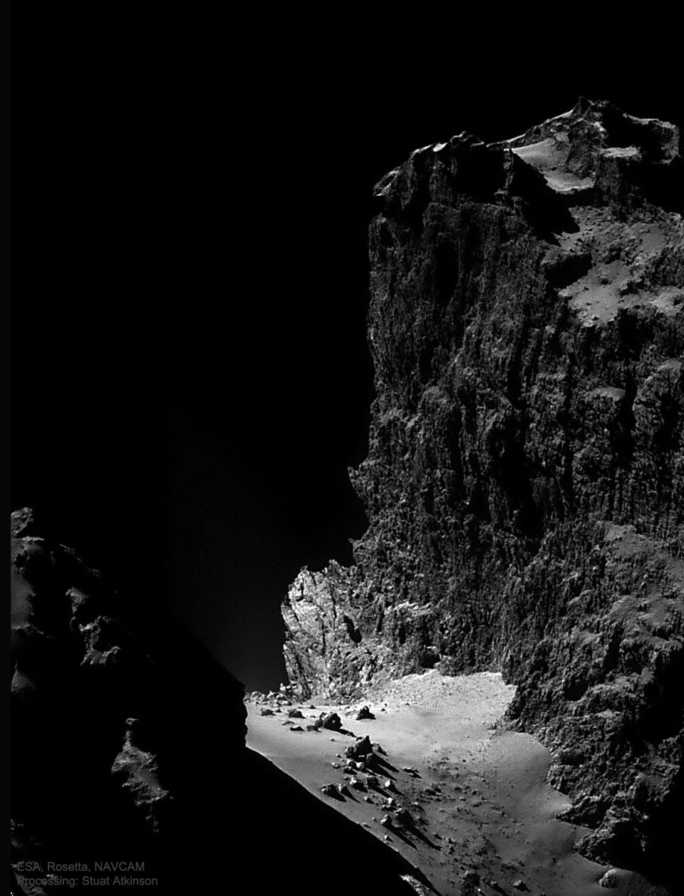 The featured image shows a kilometer-high cliff
that occurs on Comet Churyumov-Gerasimenko as imaged by
ESA's Rosetta spacecraft in 2014.
Please see the explanation for more detailed information.