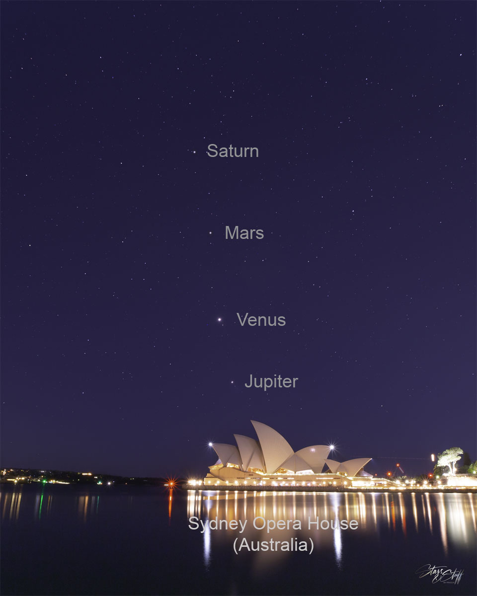 The featured image shows four planets lined up behind the
Sydney Opera House in Australia. The image was taken five
days ago just before sunrise. 
Please see the explanation for more detailed information.