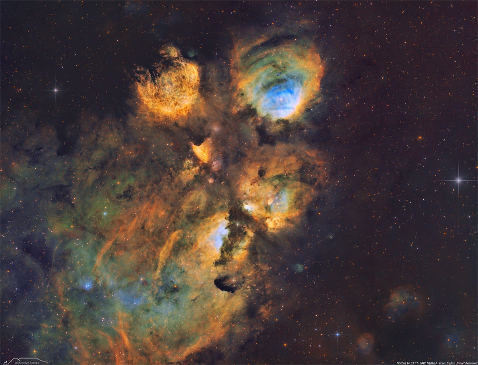 The featured image shows the Cat's Paw Nebula,
an emission nebula cataloged as NGC 6634. The nebula
is shown in assigned scientific colors similar to the
famous Hubble palette. 
Please see the explanation for more detailed information.