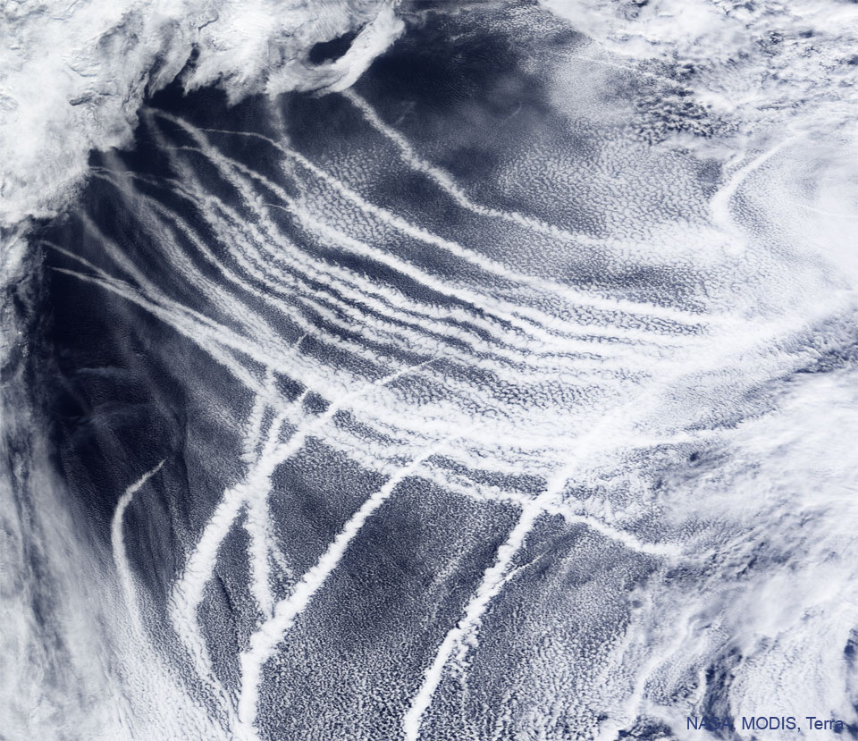 The featured image ship tracks over the Pacific
Ocean as captured by the MODIS instrument on NASA's 
Terra satellite. The tracks appear as white streaks 
over the blue ocean.
Please see the explanation for more detailed information.
