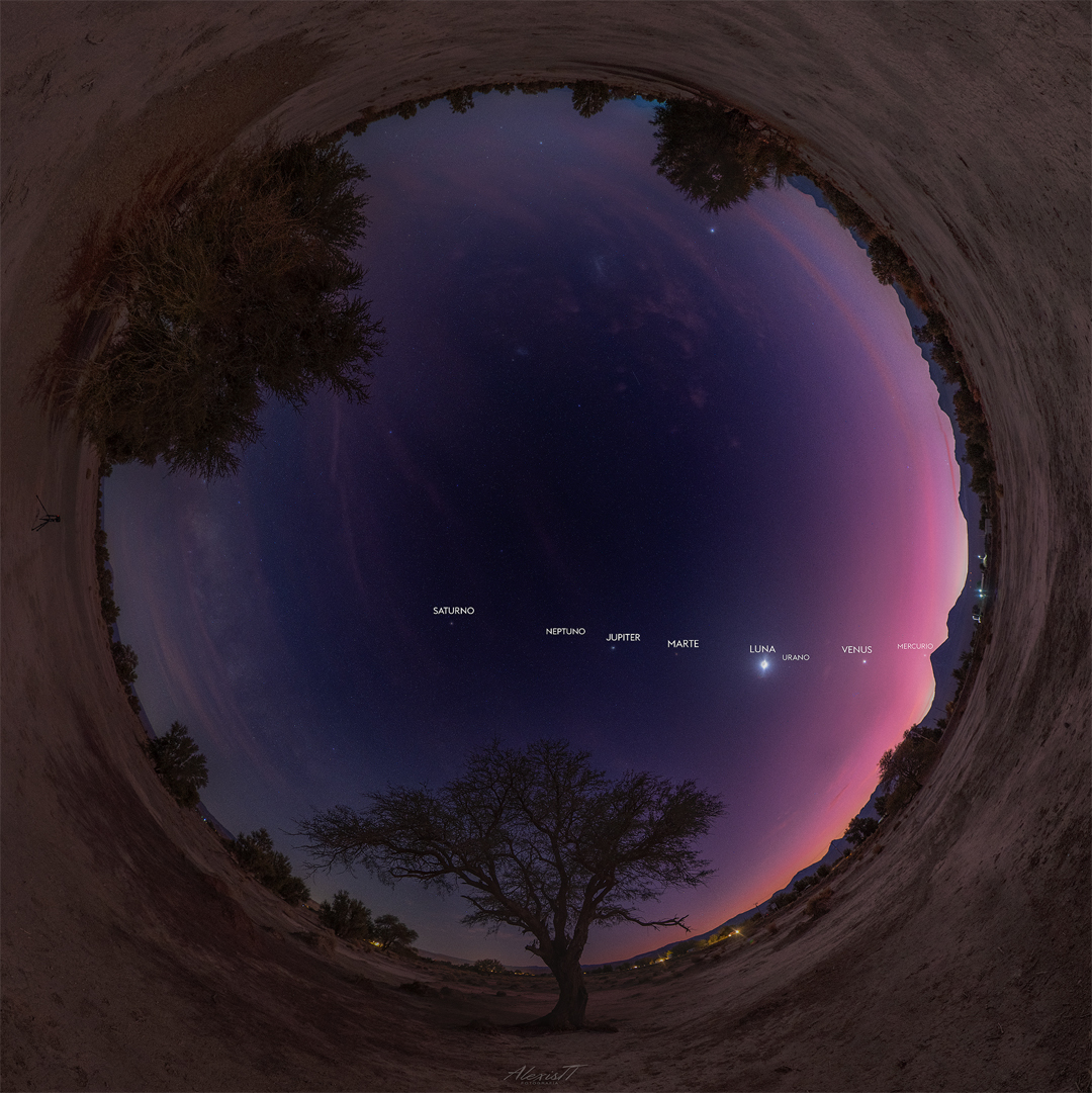 The featured image is a circular, fisheye, all-sky image 
showing every planet in the Solar System lined up horizontally 
along the image center, along with Earth's Moon. Trees and 
hills from the Atacama Desert link populate the outer circle edge.
Please see the explanation for more detailed information.