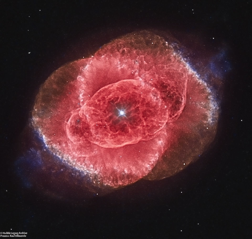 The featured image shows an image of the center of the 
Cat's Eye Nebula as taken by the Hubble Space Telescope. A bright
star is in the center surrounded by a complex red nebula. 
Please see the explanation for more detailed information.