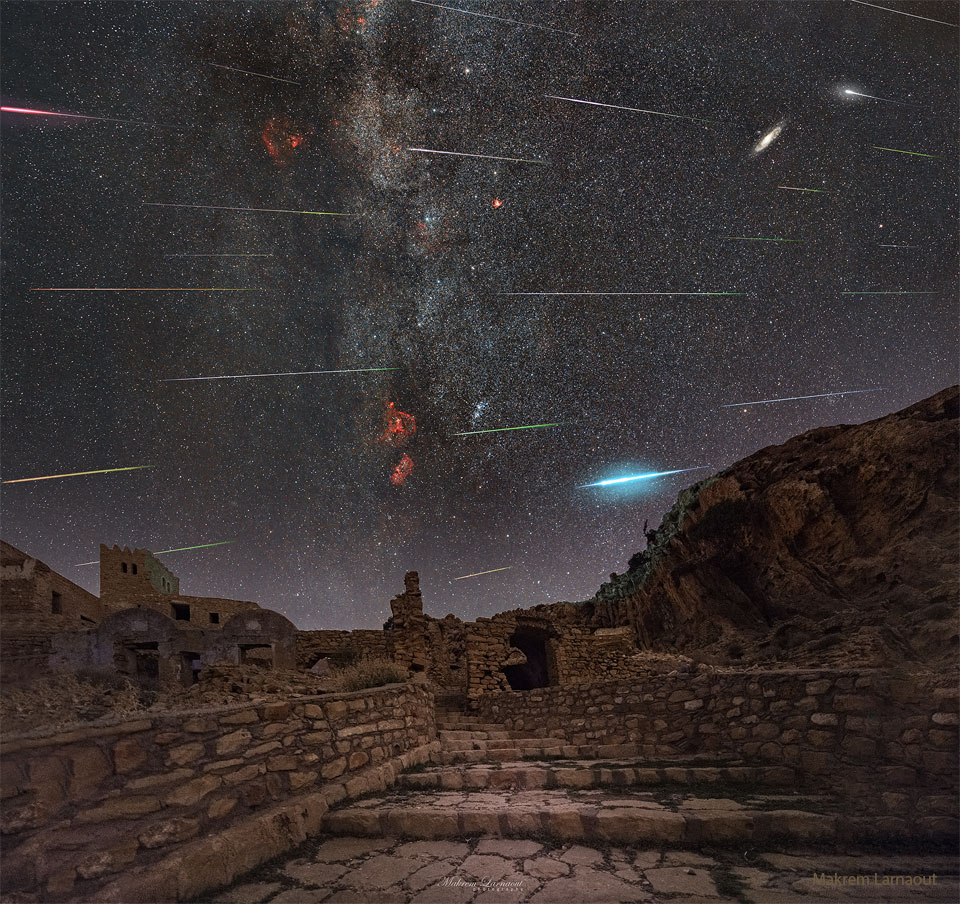 The featured image shows a composite image capturing many 
meteor streaks above the ruins of an ancient village.
Please see the explanation for more detailed information.