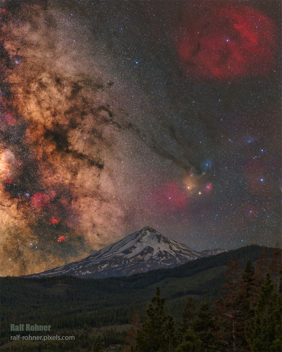 The featured image shows a snow-covered mountain with the
Milky Way Galaxy seen in the background on the left and the color
starfield of the constellation Ophiochus seen in the background
on the right.
Please see the explanation for more detailed information.