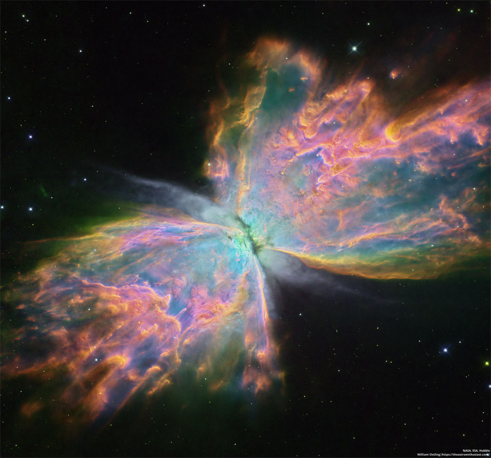 The featured image shows the Butterfly Nebula as imaged
by Hubble. The nebula appears very colorful due to a expansive
color map used by the digitizing processor. 
Please see the explanation for more detailed information.