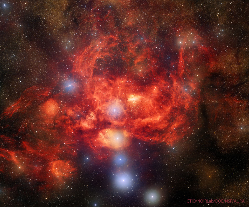 The featured image the Lobster Nebula, star field with a few
bright blue stars surrounded by a red-glowing nebula that could
be visualized as a lobster.
Please see the explanation for more detailed information.