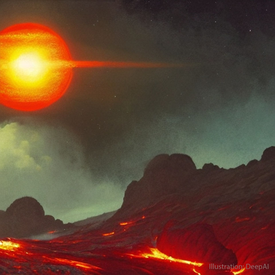 An illustration showing the surface of a planet that
has red lava flows and dark cliffs. A red star is seen in the
background.
Please see the explanation for more detailed information.