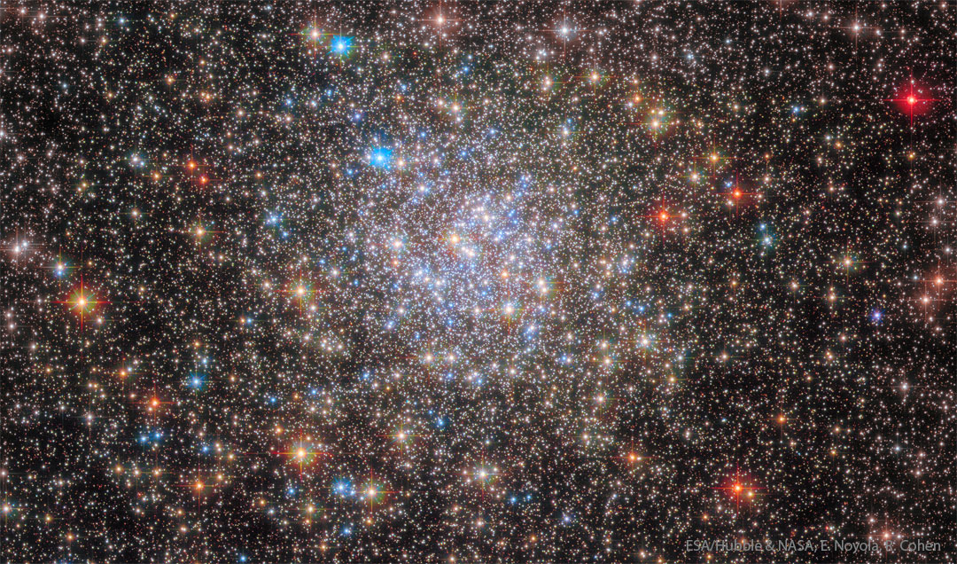 A ball of stars containing thousands of stars is shown with mostly light
colored stars but with some stars having vibrant colors.
Please see the explanation for more detailed information.