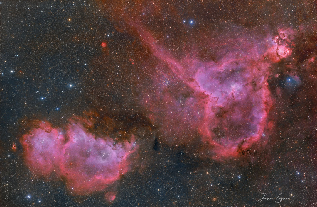 Two red emission nebulas are shown in front of a dark
but colorful starfield. The Soul Nebula is on the lower left, while
the Heart Nebula is on the upper right. 
Please see the explanation for more detailed information.