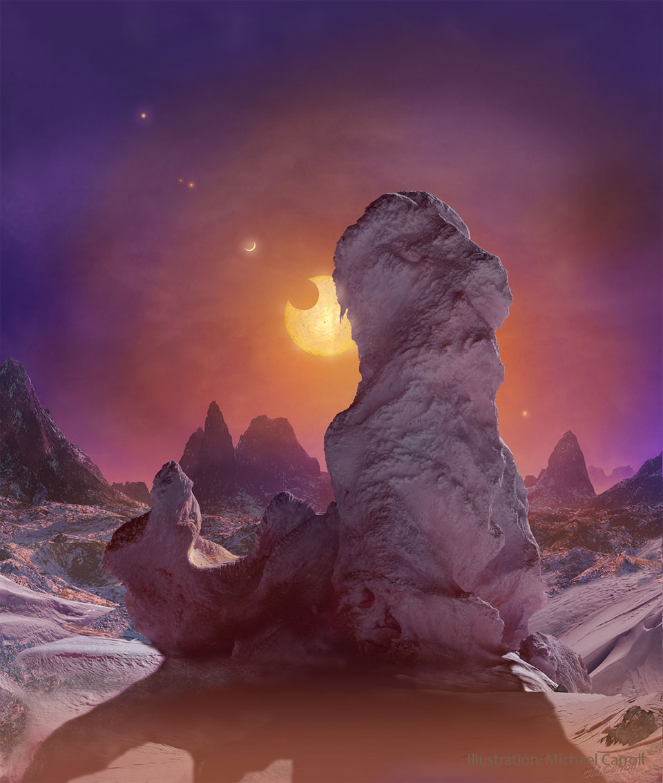 An illustration showing what it might be like to look from the 
seventh planet out from the star Trappist 1. A pillar of ice and rock
stands in a snow and ice covered landscape. A star surrounded by 
six planets hangs high in the sky.
Please see the explanation for more detailed information.
