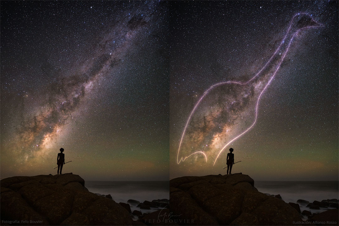 Two identical images are shown side by side. On each, a silhouette of 
a person holding a long stick is shown standing on a rock before the sea. 
Above the person, running diagonally, is the central band of our Milky Way
Galaxy. On the right image, a type of bird called a Nandu is shown in outline.
 Please see the explanation for more detailed information.