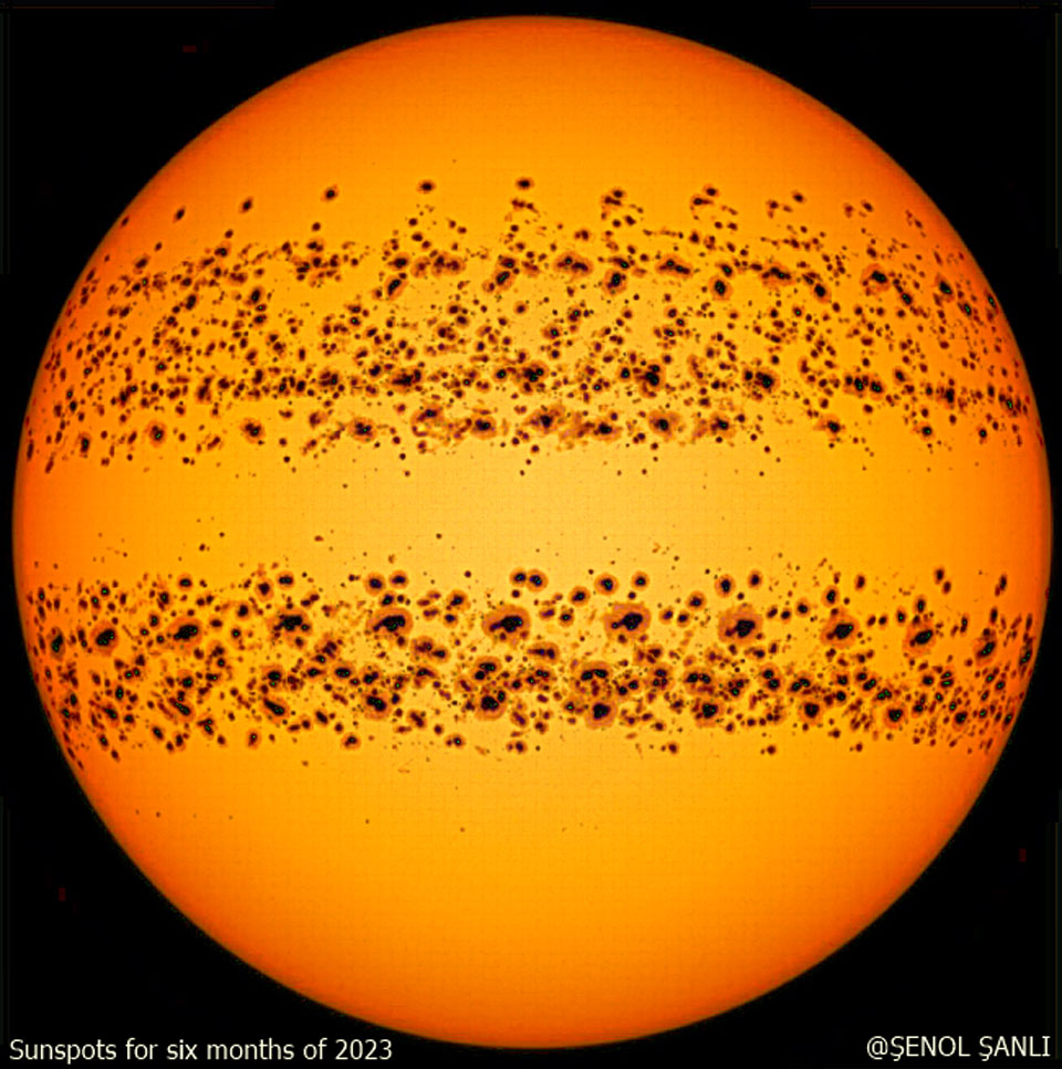 Our Sun is pictured with hundreds of dark sunspots. The image is actually
a composite of all of the sunspots visible during the first half of
this year.  
Please see the explanation for more detailed information.