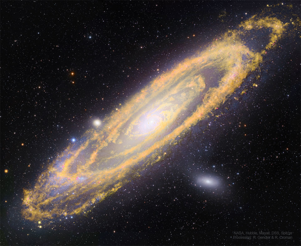 The featured image shows M31, the Andromeda Galaxy, in both infrared light, colored orange, and visible light, colored white and blue.  Please see the explanation for more detailed information.