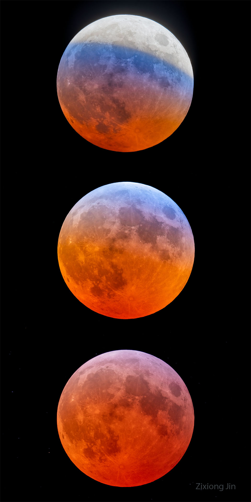 A developing total lunar eclipse is shown in three frames.
At the top part of the uneclipsed Moon is visible with a 
distinctive blue band separating it from the rest of the 
reddened Moon. The middle frame shows a mostly reddened Moon
with a the blue band just visible on the upper right, while
the lowest frame shows an entirely eclipsed moon all in red.
Please see the explanation for more detailed information.