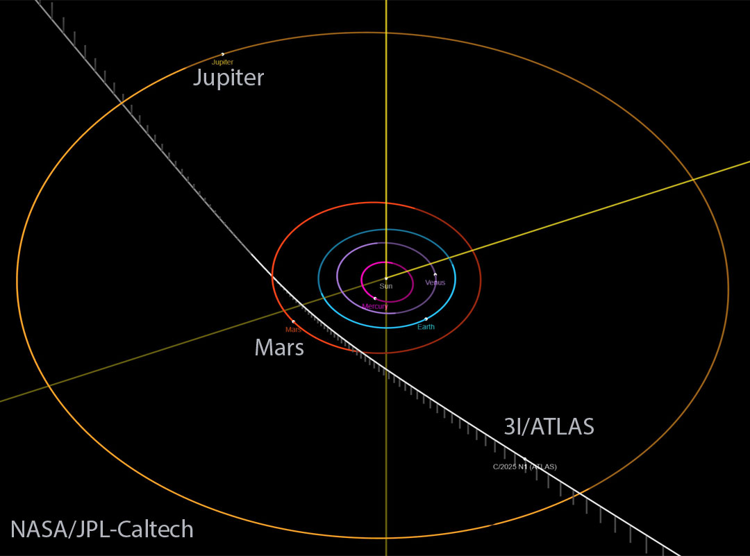 A drawing of our Solar System shows the orbits of 
Jupiter and interior planets. A white line shows the 
trajectory of passing comet 3I/ATLAS.
Please see the explanation for more detailed information.
