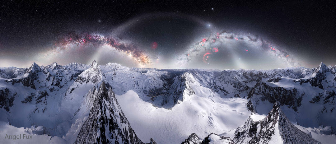 A starry sky is seen above snowy mountains. In the
sky three arches are visible, with the Milky Way on either side
and zodiacal light in the center. 
Please see the explanation for more detailed information.