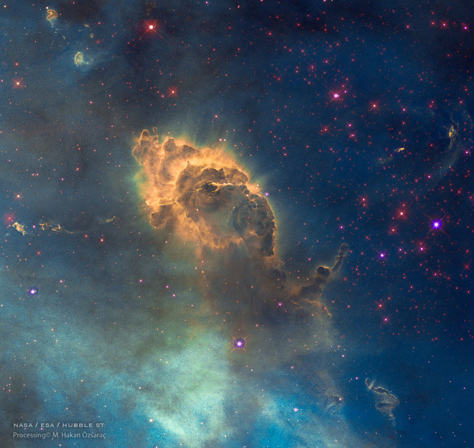 The featured image shows dust pillar HH 666 in the Carina Nebula
as taken by the Hubble Space Telescope. 
Please see the explanation for more detailed information.