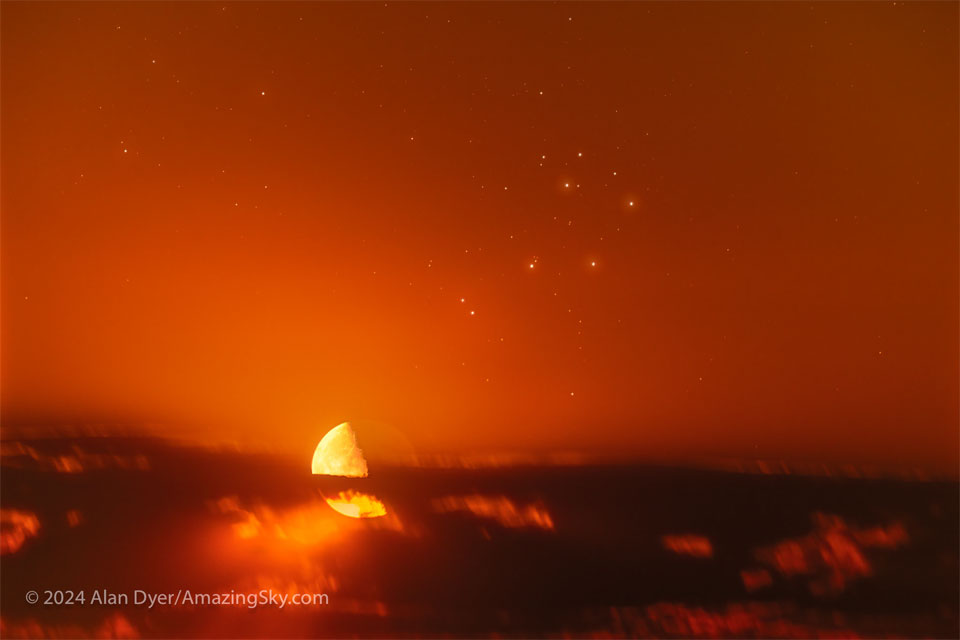 The featured image shows an orange sunset sky
with clouds across the bottom and several bright stars
near the top center. Just at the top of the cloud deck 
on the left is a half-lit Moon. 
Please see the explanation for more detailed information.