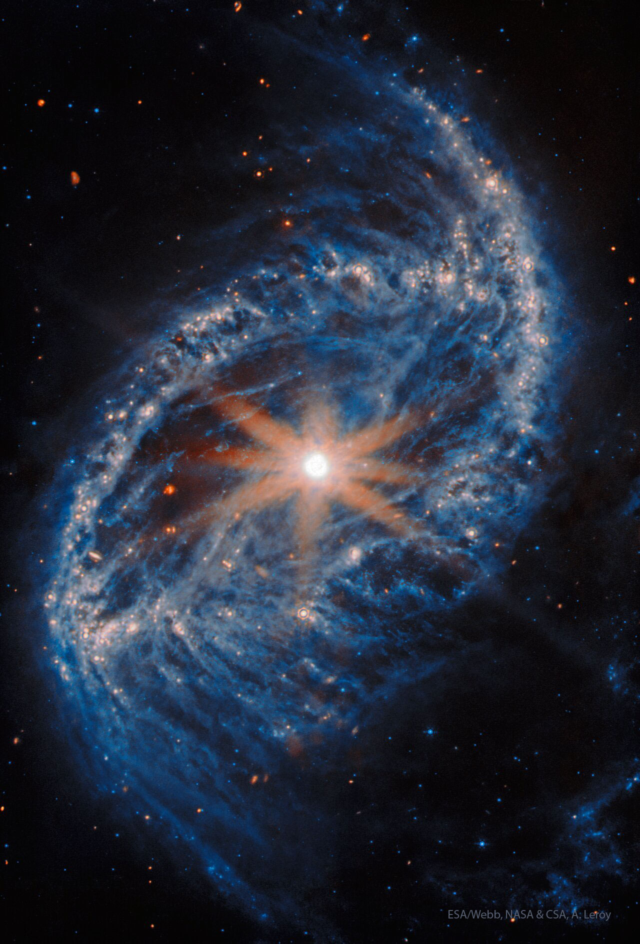 An oval galaxy is shown against a field of stars.
The outer rings shows many bright blue stars. In the 
center is a bright nucleus with eight spikes jutting out.
Please see the explanation for more detailed information.