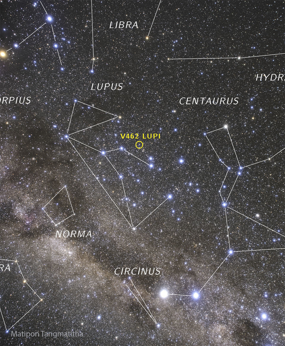 A starfield is shown with constellations annotated. The band
of our Milky Way galaxy runs diagonally from the upper left to the 
lower right. Just above the image center is a faint dot that is
annotated in yellow -- V462 LUPI, a nova that was visible with
the unaided eye last week and is currently still 
visible with binoculars. 
Please see the explanation for more detailed information.