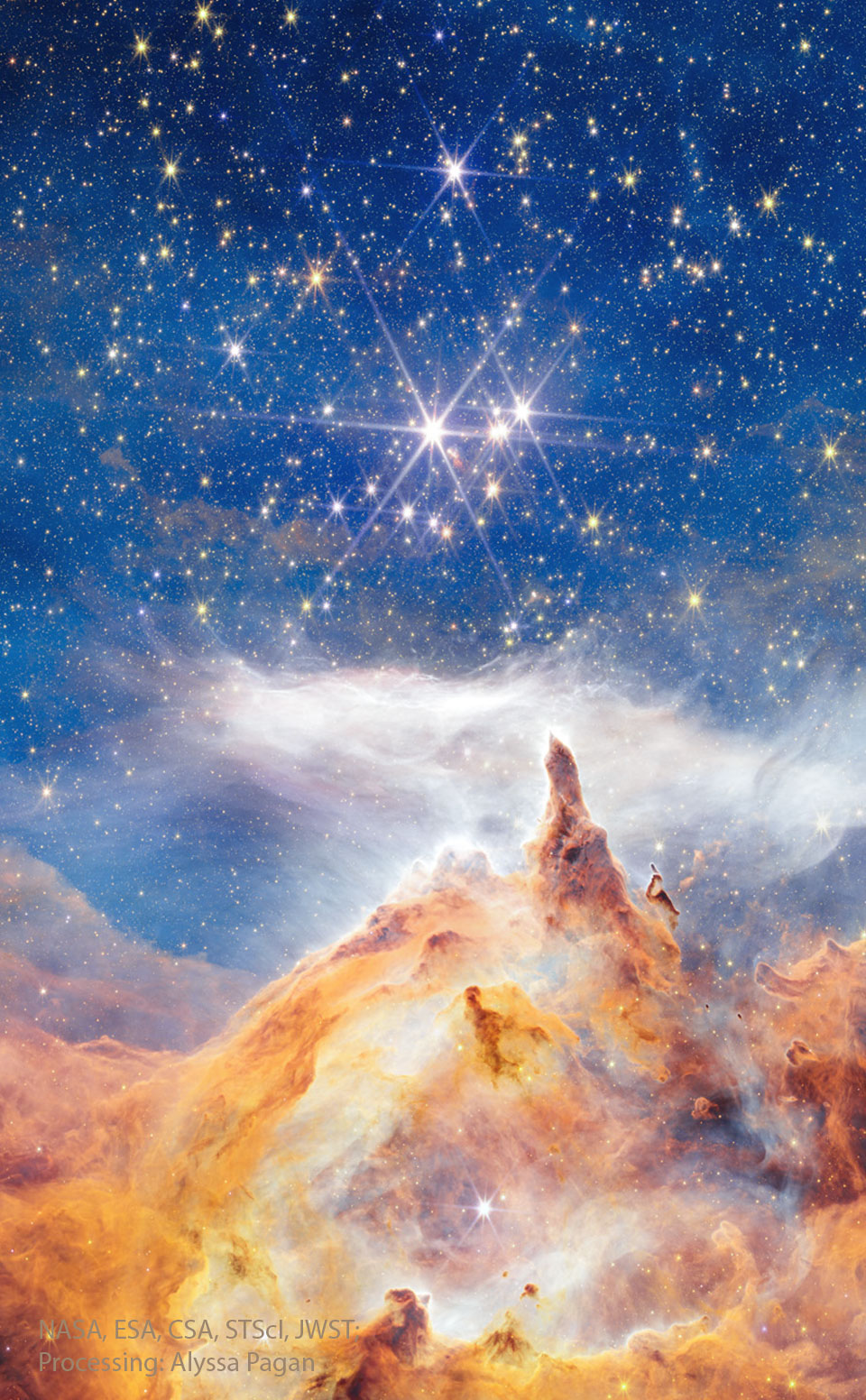 Stars dot the frame that has a blue background.
Covering the lower part of the image, and the far
right, are brown and tan nebular structures.  
Please see the explanation for more detailed information.